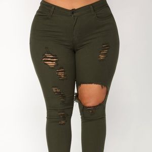 Olive green distressed jeans